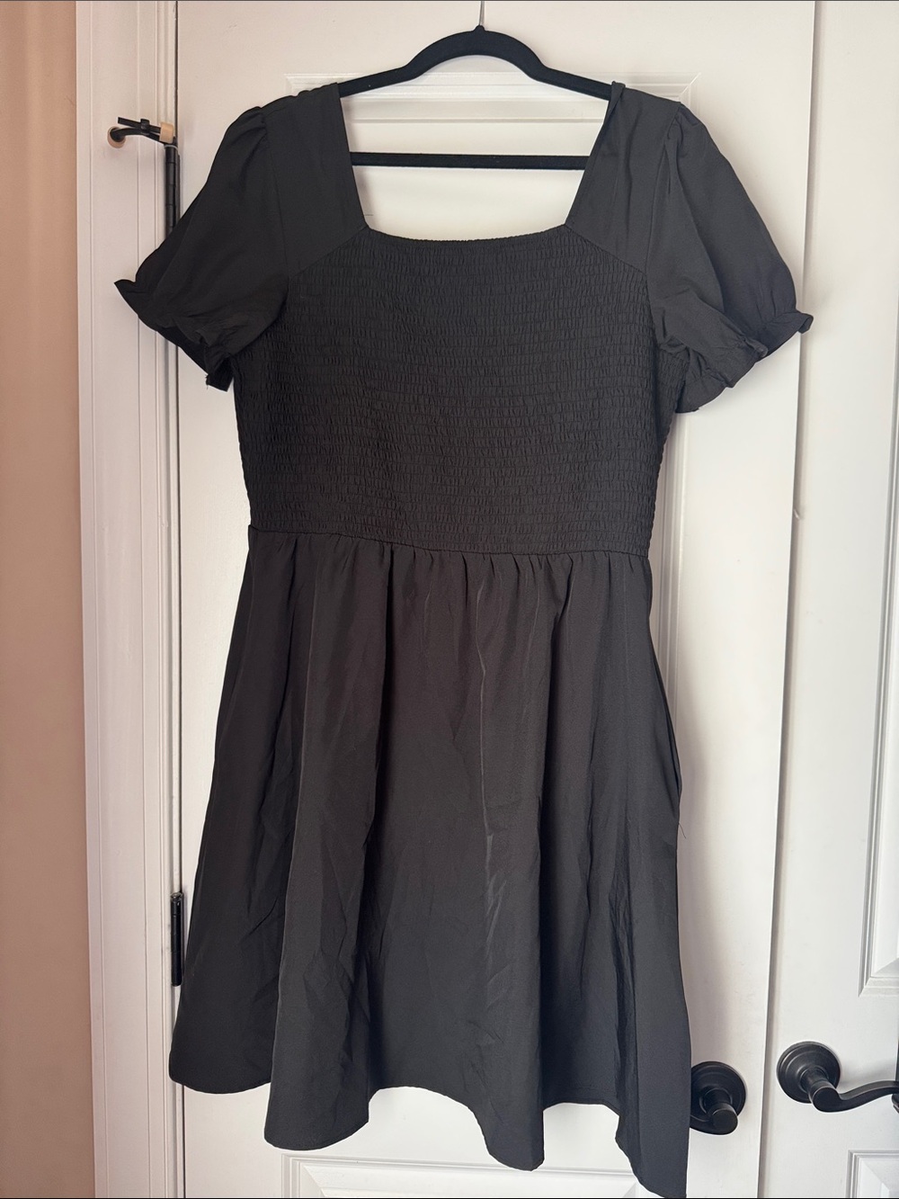 Black Square-Neck Smocked Waist Mini Dress with pocket